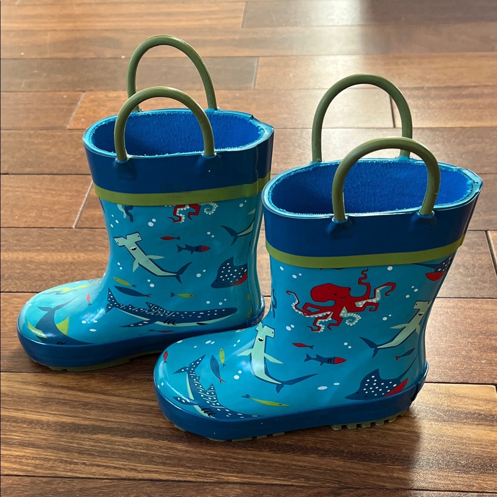 Kids Blue Rain Boots with Sea Creature Design